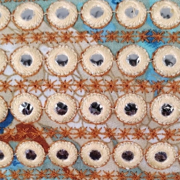 04099 Raga aqua, tan & rust bird print tiered satin strapless maxi dress M - Picture 6 of 14